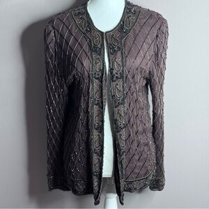 VTG.80s JMD New York Brown Black Beaded 100% Silk Jacket / Blouse Size L